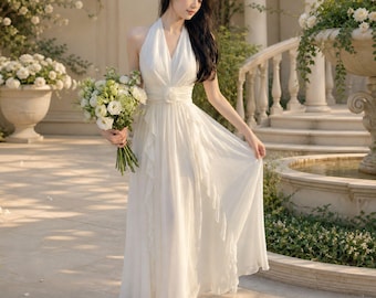 Elegant Chiffon Ruffle Midi Dress – Backless Spaghetti Strap Wedding Guest Outfit