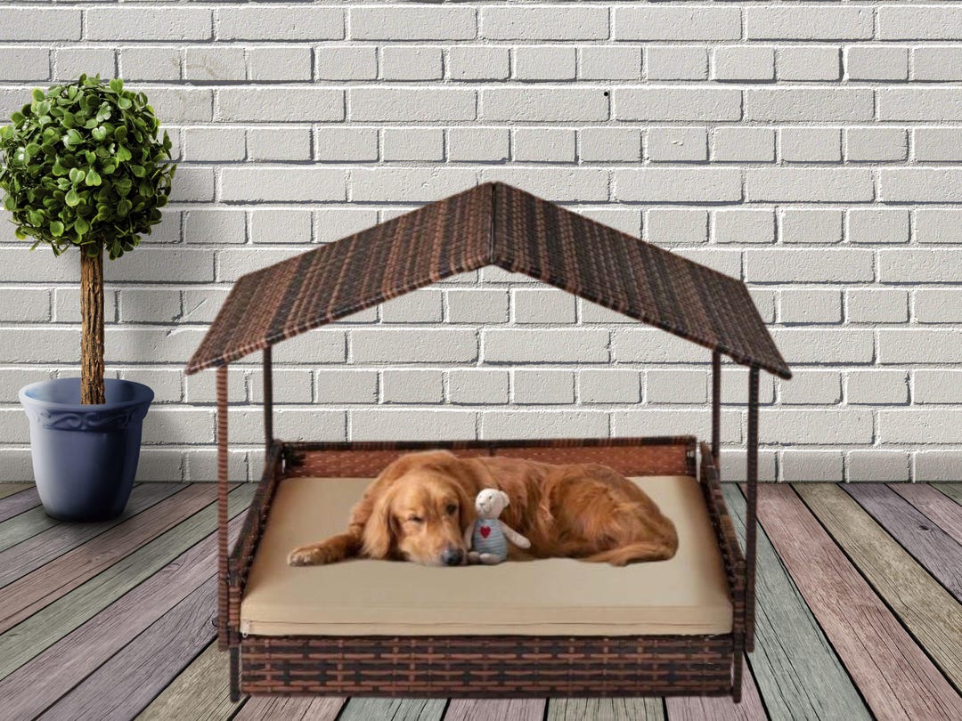 Wicker Dog House With Canopy – Elevated Rattan Dog & Cat Bed, Washable ...