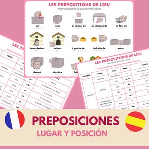 May include: A pink educational poster with French and Spanish text, illustrating prepositions of place with cartoon cat illustrations. The poster includes examples of prepositions like "sur," "sous," and "devant."
