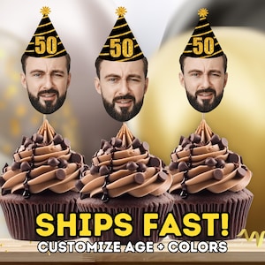 Custom Head Birthday Cupcake Toppers, Custom Face Party Cupcake Toppers for men or for women, 50th Birthday Party Decorations, Personalized
