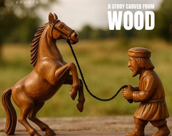 Hand Carved Wooden Horse and Man Sculpture: Rustic Farmhouse Decor