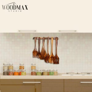 Natural Wood Cooking Utensils Set with Hanging Stand