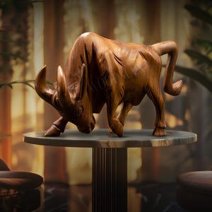 May include: A wooden sculpture of a brown bull with its head lowered, as if charging. The bull is carved in detail, with visible muscle definition and a textured surface. The sculpture is displayed on a round, dark gray table with a gold base.