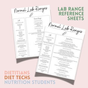 Hoja de rangos de laboratorio de nutrición / Imprimible / Estudiantes y pasantes de dietética / Herramienta de estudio para el examen de dietista registrado