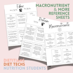 Può includere: Fogli di riferimento didattici sui macronutrienti, tra cui fibre, proteine, carboidrati e grassi. I fogli forniscono informazioni su tipi, funzioni, fonti e considerazioni cliniche. Testo: "Dietisti, Tecnici dietetici, Studenti di nutrizione."