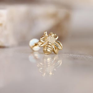 14K Solid Gold Bee Piercing - Real Gold Bee Tragus Earrings - Cute Helix Piercing - Flat Back Studs - Cartilage Piercing - Mother&#39;s Day Gift