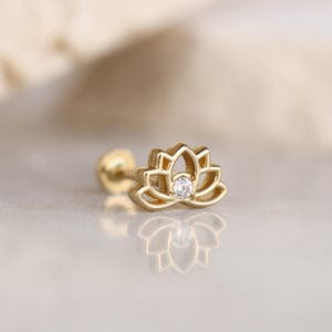 14K Real Gold Lotus Tragus Earrings - Cartilage Lotus Flower Piercing - Helix Piercing - Minimalist Flat Back Earrings - Gift for Women