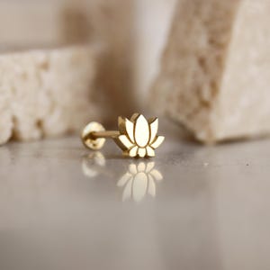 14K Real Gold Lotus Piercing - Cartilage Lotus Flower Earrings - Real Gold Stud  Earrings - Minimalist Helix Piercing - Gift for Women