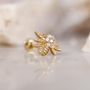 14K Real Gold Tiny Bee Earring - Gold Bee Tragus Piercing - Tiny Helix Stud Piercing - Cartilage Piercings - Flat Back Stud - Gift for Women