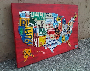 License Plate Map of The United States Metal Artwork - 27" x 18"