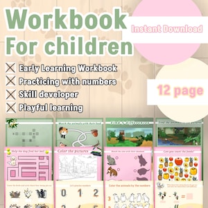 May include: A 12-page workbook for children with colorful illustrations and activities. The workbook includes pages for matching animals with their food, finding differences, counting foods, coloring pictures, and practicing numbers.