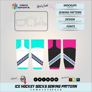 Puede incluir: Un patrón de costura digital para calcetines de hockey sobre hielo. El diseño incluye maquetas, un patrón de costura y elementos de diseño. Los calcetines se muestran en blanco, negro y rosa con detalles turquesa y morado. Tallas de la S a la 3XL.