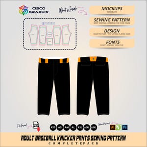 May include: A digital sewing pattern for adult baseball knicker pants, featuring black pants with orange waistband accents. The graphic includes technical flat layouts, sewing pattern pieces, and text labels for mockups, design, and fonts.