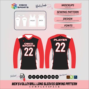 Molde para camisa de vôlei masculina de manga comprida • Modelo para cortar e costurar • Molde em PDF para sublimação