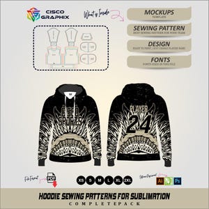 May include: A digital template for a black hoodie with white graphic patterns, featuring the text CISCO SPORTS on the front and PLAYER 24 on the back. The file includes sewing patterns, mockups, and font files for sublimation printing in sizes XS to 2XL.