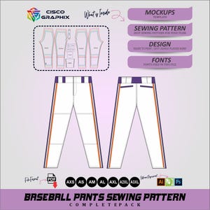 May include: A baseball pants sewing pattern complete pack. The design includes a white baseball pant with purple and orange accents. The image also includes a diagram of the pattern pieces and text that says "mockups", "sewing pattern", "design", and "fonts".