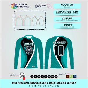 May include: A teal and black long-sleeve soccer jersey mockup with a bulldog graphic and the word "BULLDOG". The jersey design includes a V-neck and the number 10 on the back. The image also shows a sewing pattern and design elements.