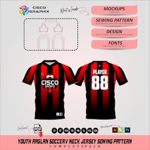 Puede incluir: Un patrón de costura completo para un jersey de fútbol raglán juvenil. El diseño presenta una camiseta a rayas negras y rojas con el texto "PLAYER 88" en la espalda. La parte delantera de la camiseta tiene el logotipo "CISCO SPORTS".
