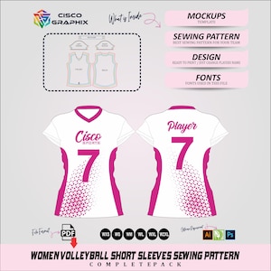 May include: A digital sewing pattern for a volleyball jersey featuring a white and pink color scheme. The design includes a V-neck, short sleeves, the text Cisco Sports, and the number 7 on the front and back with a geometric dot pattern.