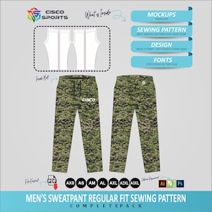 Puede incluir: Maqueta digital de un patrón de costura de pantalón de chándal para hombre. El patrón presenta un diseño de camuflaje en tonos verdes, marrones y negros. La imagen también incluye el logotipo de Cisco Sports y el texto "Men's Sweatpant Regular Fit Sewing Pattern Completepack."