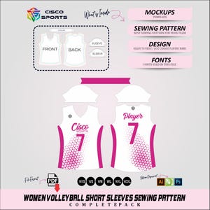 Pode incluir: Um design de camisa de voleibol branca com detalhes em rosa e o número 7. A camisa apresenta o logotipo "Cisco Sports" e a palavra "Player". A imagem inclui um modelo de costura e informações de design.