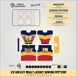 Op de afbeelding: Een naaipatroon voor een ijshockey-volwassen jersey met een compleet pakket. Het ontwerp omvat jersey-mockups, een naaipatroon en ontwerpelementen. De jersey-ontwerpen zijn marineblauw, rood en geel met een drakenafbeelding.