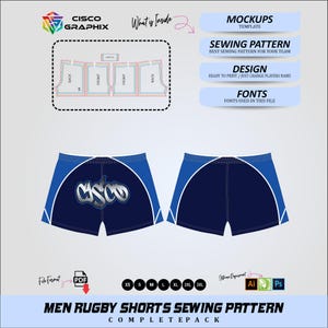 Może przedstawiać: Cyfrowa ilustracja wykroju szortów do rugby dla mężczyzn. Szorty są granatowe z niebieskimi i białymi akcentami. Obraz zawiera układ wzoru, opcje rozmiaru i tekst "MEN RUGBY SHORTS SEWING PATTERN COMPLETE PACK."