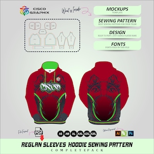 Puede incluir: Un patrón de costura digital para una sudadera con capucha roja y negra con detalles en verde, que incluye mangas raglán, capucha y un gráfico frontal con el texto CISCO. El archivo incluye maquetas, plantillas de diseño y fuentes en PDF, AI y PSD.