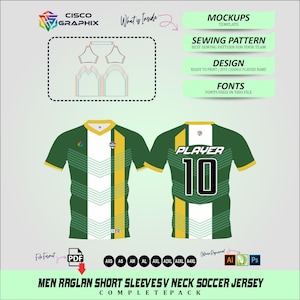 Könnte beinhalten: Ein grün-gelbes Fußballtrikot mit der Nummer 10 auf dem Rücken. Das Trikot hat ein weißes Chevron-Design und den Text "PLAYER" über der Nummer. Das Bild enthält auch eine Vorlage für das Trikotdesign und den Text "MEN RAGLAN SHORT SLEEVES V NECK SOCCER JERSEY COMPLETE PACK."
