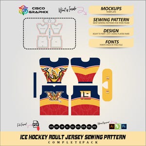 May include: An ice hockey adult jersey sewing pattern featuring a navy, yellow, and red color scheme with a dragon graphic and the number 19. The digital file includes mockups, sewing patterns, design elements, and fonts for sizes AXS to A5XL.