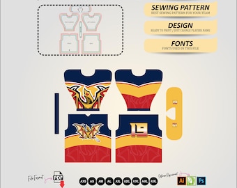 Ice Hockey Jersey Sewing Pattern PDF: Sports Uniform Template (XS-5XL) Mockup & Fonts