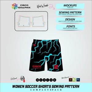 Könnte beinhalten: Ein digitales Schnittmuster für Fußballshorts mit schwarzer Basis und einem hellen cyanfarbenen Blitzmuster. Das Design enthält den roten Schriftzug CISCO SPORTS und die rote Nummer 12. Das Layout zeigt Mockups, Schnittmustervorlagen und Dateiformatsymbole für Adobe Illustrator und Photoshop.