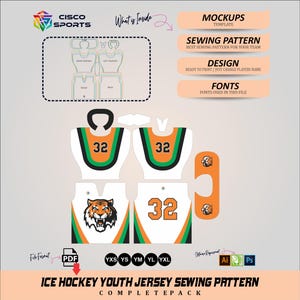 Puede incluir: Un patrón de costura de camiseta de hockey sobre hielo juvenil con un gráfico de tigre y el número 32. El patrón incluye maquetas, elementos de diseño e información de fuentes. La camiseta es blanca con detalles en naranja y verde.