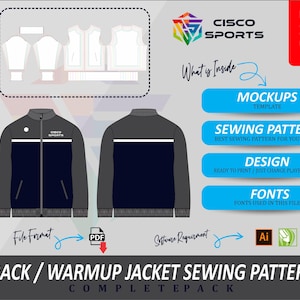 Pode incluir: Um pacote completo de padrão de costura de jaqueta de treino/aquecimento. O design inclui maquetes, um padrão de costura, modelos de design e fontes. A jaqueta é azul marinho e cinza com detalhes brancos. Tamanhos XS a 4XL.