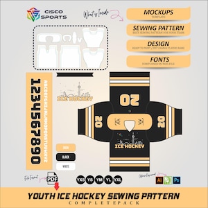 Könnte beinhalten: Grafisches Design für ein Eishockey-Schnittmuster für Jugendliche. Das Design zeigt eine schwarz-goldene Trikotvorlage mit dem Text "ICE HOCKEY" und der Nummer "02". Enthält auch Farbpalette und Schriftinformationen.