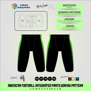 Può includere: Cartamodello per pantaloni da football americano pacchetto completo di Cisco Graphix. Include mockup, cartamodello, design e font. Pantaloni neri con pannelli laterali verdi, taglie da YXS a YXL, formati file PDF, Ai e Ps inclusi.