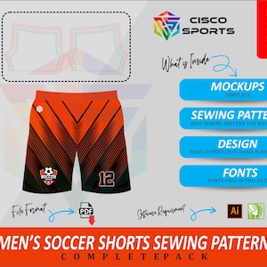 May include: Orange and black soccer shorts sewing pattern with a chevron design. The image includes a size chart, a diagram, and the text "MEN'S SOCCER SHORTS SEWING PATTERN COMPLETEPACK".