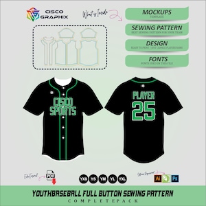 May include: Black baseball jersey with green accents, featuring "CISCO SPORTS" on the front and "PLAYER 25" on the back. Includes a sewing pattern and design elements. The image also shows the file format and software used.