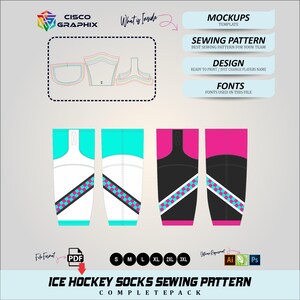 May include: A digital sewing pattern for ice hockey socks, featuring two colour variations: one white with turquoise accents and a checkered stripe, and one black with pink accents and a checkered stripe. Includes mockups, design files, and fonts.