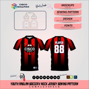 Puede incluir: Un patrón de costura para camiseta de fútbol juvenil con cuello en V y mangas raglán, con diseño de rayas negras y rojas. El frente muestra el logo de Cisco Sports, mientras que la espalda presenta el texto Player y el número 88.