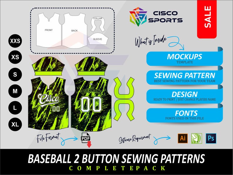 Baseball Jersey Sewing Pattern 2 Button PDF Template   Free Mockup
