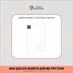 May include: A graphic with the text "PAGES EXAMPLE FOR A4 SIZE PRINTER" and "MEN SOCCER SHORTS SEWING PATTERN COMPLETEPACK". The image shows a page with a diagram and the number 6.
