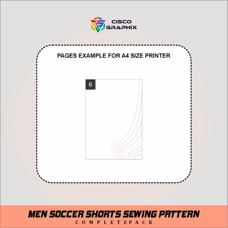 May include: A graphic with the text "PAGES EXAMPLE FOR A4 SIZE PRINTER" and "MEN SOCCER SHORTS SEWING PATTERN COMPLETEPACK". The image shows a page with a diagram and the number 6.