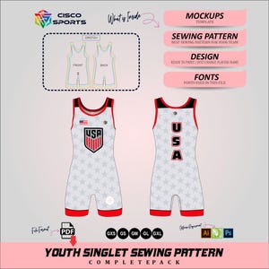 May include: A white youth singlet sewing pattern with a star pattern and red and black trim. The singlet features the text "USA" and a shield design. The image includes a diagram and text that says "Youth Singlet Sewing Pattern Completepack".