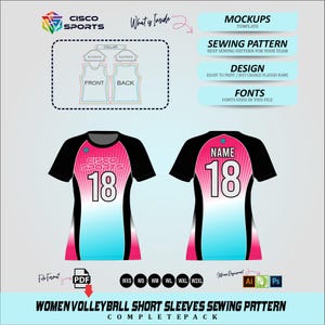 Molde para camisa de vôlei feminino • Modelo em PDF de manga curta • Pacote de estampas para sublimação