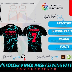 Men’s Soccer V Neck Jersey Sewing Pattern | PDF Sports Shirt Template | Adult Sizes XS–4XL