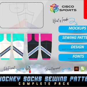 May include: Hockey socks sewing pattern complete pack with mockups, design, and fonts. Includes sizes S to 3XL. The design features teal, white, black, and pink color schemes. The image also includes the Cisco Sports logo and the word "SALE".
