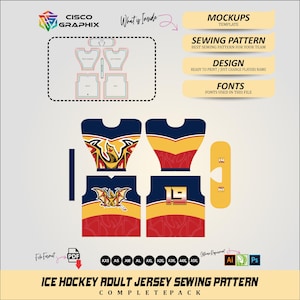 May include: An ice hockey adult jersey sewing pattern, complete pack, in navy blue, red, and yellow. The design includes jersey mockups, a sewing pattern, design elements, and font information. The image also includes the text "CISCO GRAPHIX".