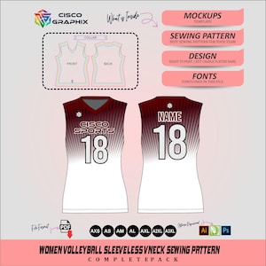 Pode incluir: Design digital para um padrão de costura de voleibol sem mangas com decote em V para mulheres. O design apresenta um esquema de cores branco e bordô com o número 18 em destaque. Inclui maquetes, padrão de costura, design e fontes.