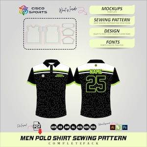 Puede incluir: Un patrón de costura de polo negro con un diseño geométrico, detalles en blanco y verde, y el texto "CISCO SPORTS". El patrón incluye maquetas, elementos de diseño e información de fuentes. La camisa tiene el número 25 en la espalda.